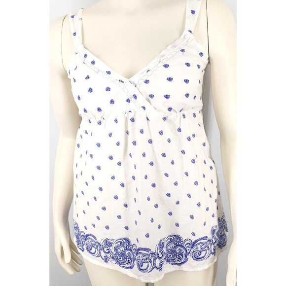 Women's Faded Glory Tank Top Blouse Shirt Medium Organic Cotton White Blue Boho - Picture 2 of 6